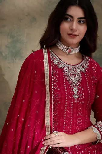pink faux georgette  straight kurta with bottom & dupatta