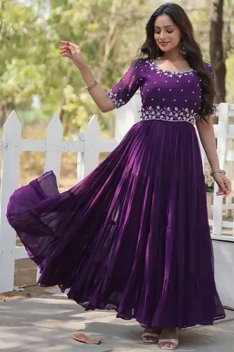 Purple Faux Blooming Embroidered Gown     Party & Festive Wear