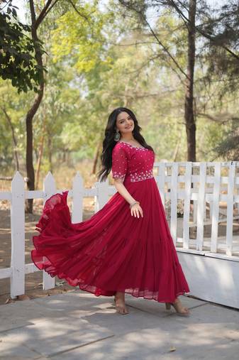 Pink Faux Blooming Embroidered Gown     Festive & Celebration Wear