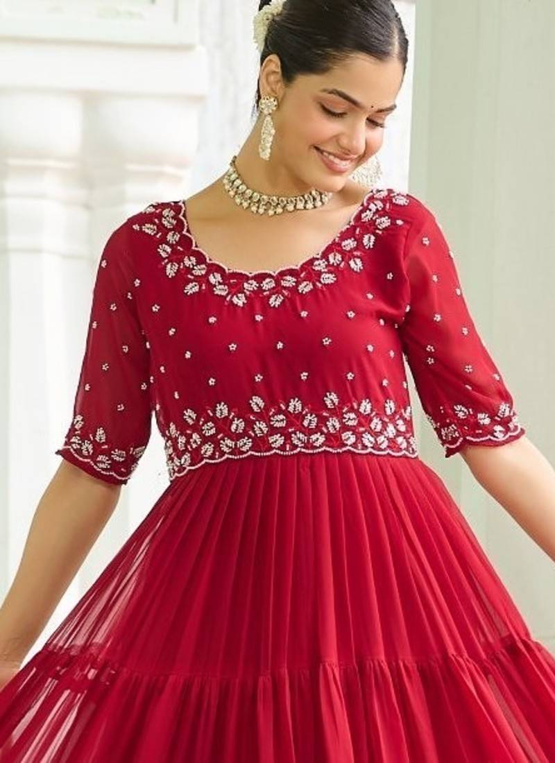 Maroon Faux Blooming Embroidered Gown    