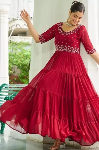 Maroon Faux Blooming Embroidered Gown    