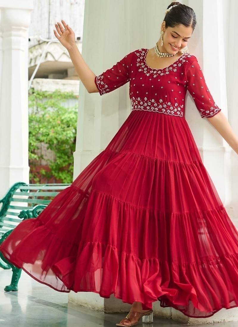 Maroon Faux Blooming Embroidered Gown    