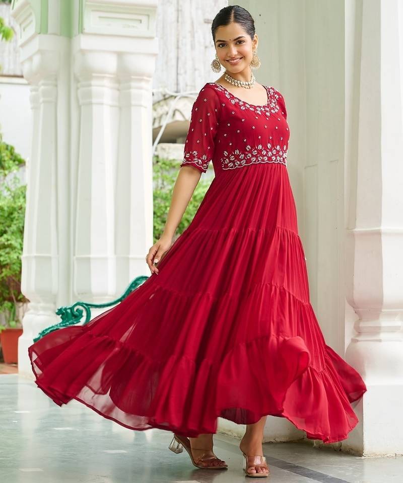 Maroon Faux Blooming Embroidered Gown    