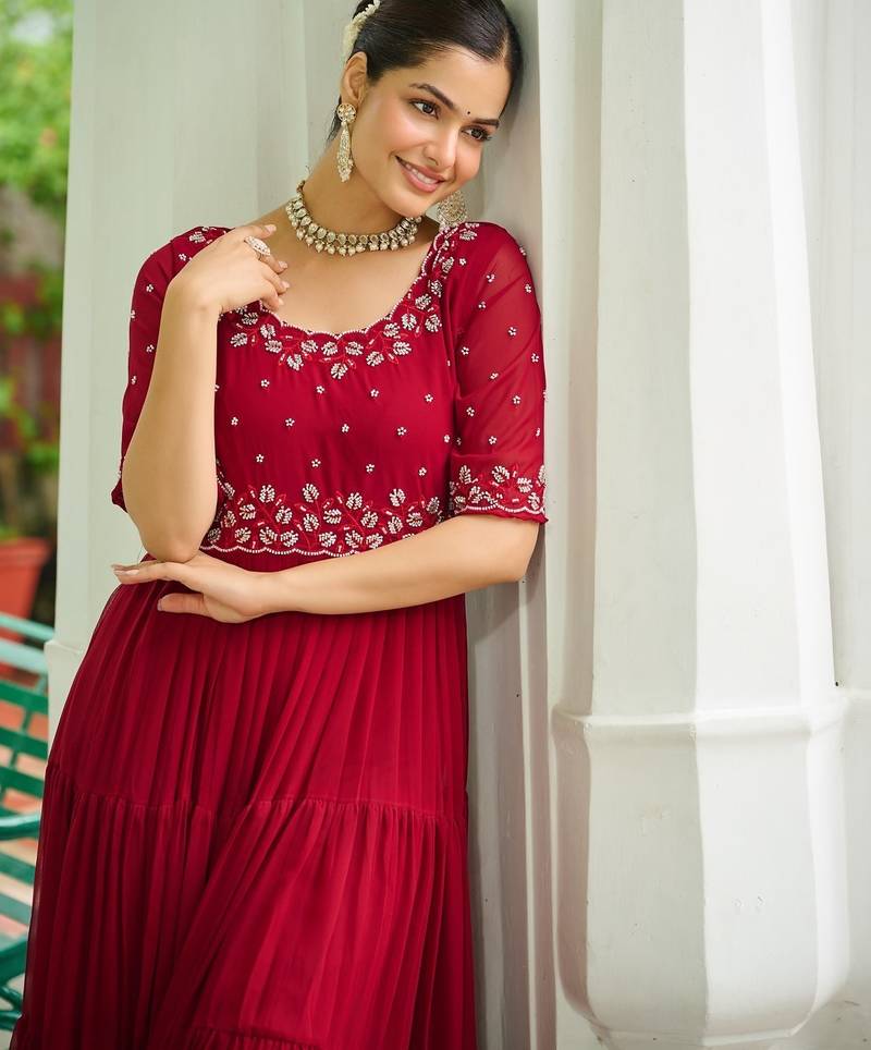 Maroon Faux Blooming Embroidered Gown    
