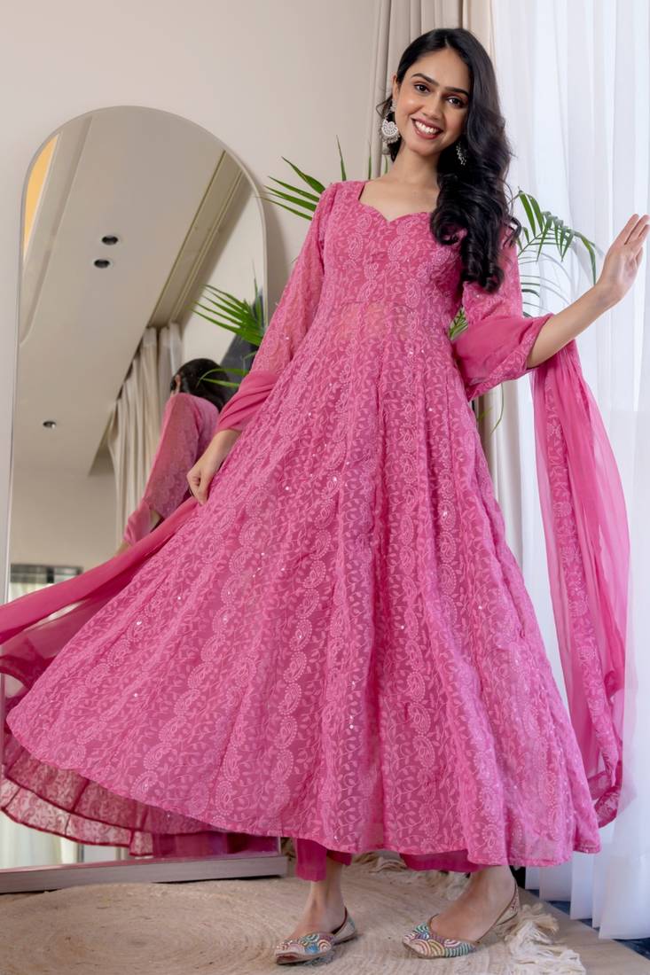 Pink chinkari anarkali kurta set
