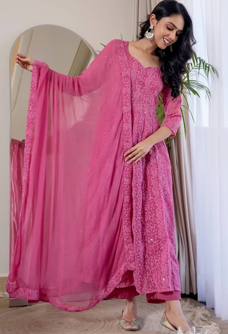 Pink chinkari anarkali kurta set