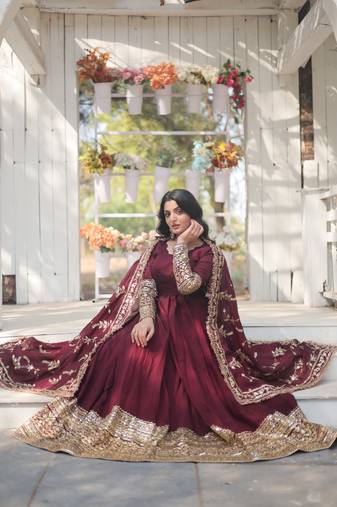 Dark Maroon Vichitra Shimmer Embroidered Gown     Wedding & Festive Collection