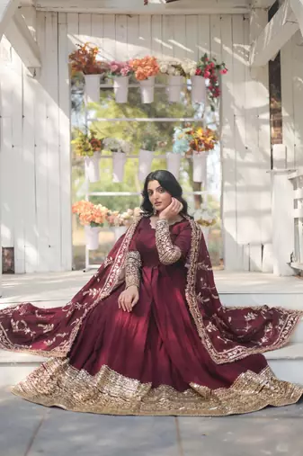 Dark Maroon Vichitra Shimmer Embroidered Gown     Wedding & Festive Collection
