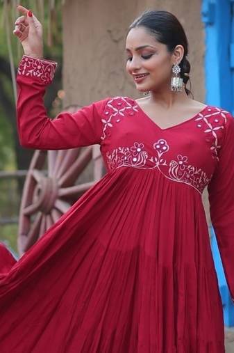 Maroon Reyon Embroidered & Mirror Work Gown    