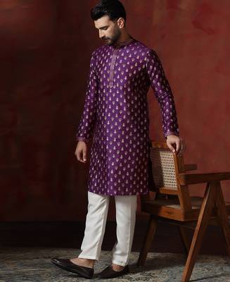 Purple embroidered kurta pajama set for men 1