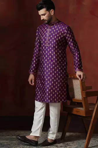 Purple embroidered kurta pajama set for men