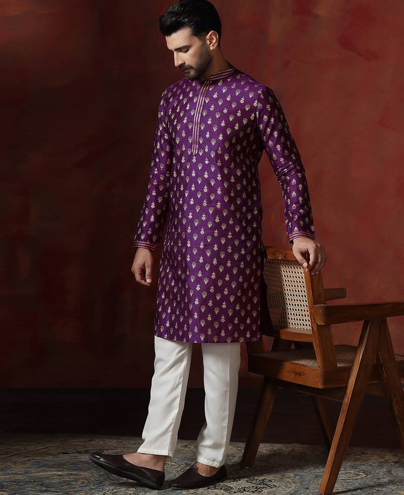 Purple embroidered kurta pajama set for men