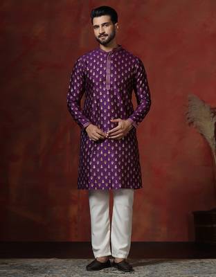 Purple embroidered kurta pajama set for men 2