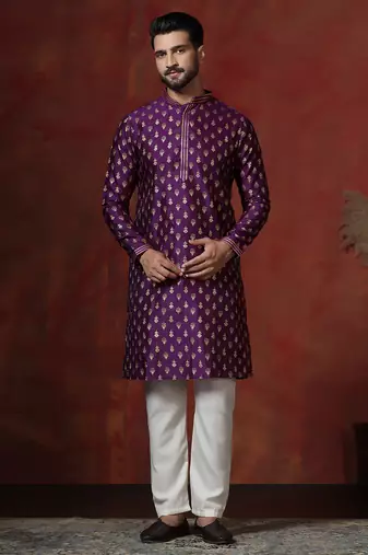 Purple embroidered kurta pajama set for men