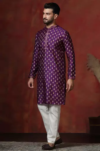 Purple embroidered kurta pajama set for men