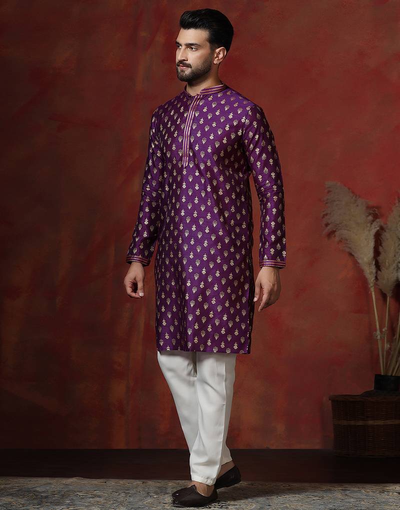 Purple embroidered kurta pajama set for men