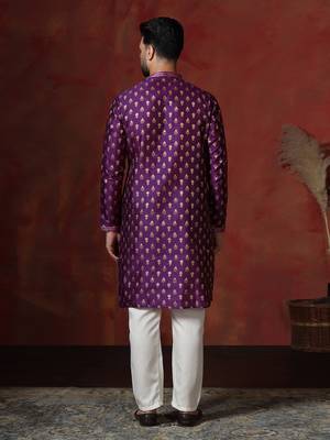 Purple embroidered kurta pajama set for men 4