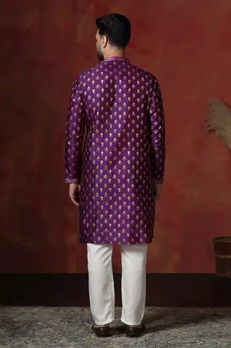 Purple embroidered kurta pajama set for men
