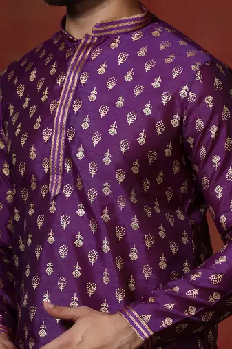 Purple embroidered kurta pajama set for men
