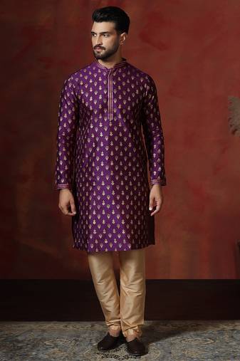 Purple embroidered kurta pajama set for men
