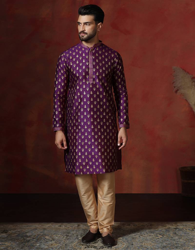 Purple embroidered kurta pajama set for men