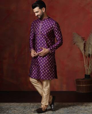 Purple embroidered kurta pajama set for men 2