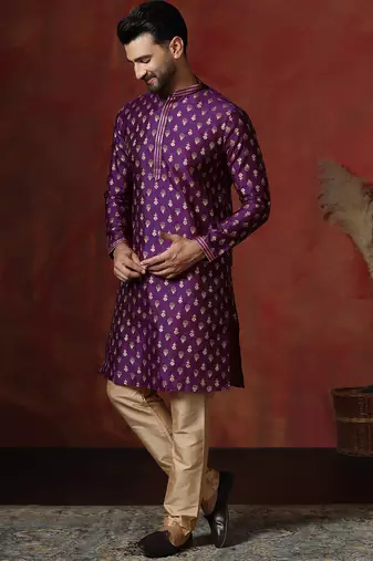 Purple embroidered kurta pajama set for men