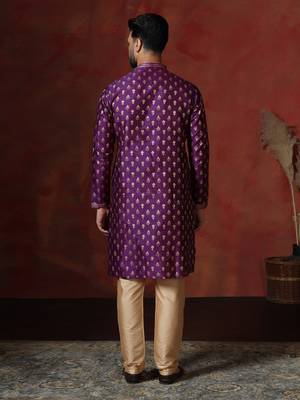 Purple embroidered kurta pajama set for men 3