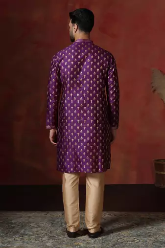 Purple embroidered kurta pajama set for men