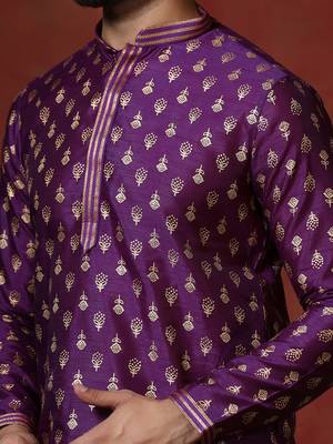 Purple embroidered kurta pajama set for men 4