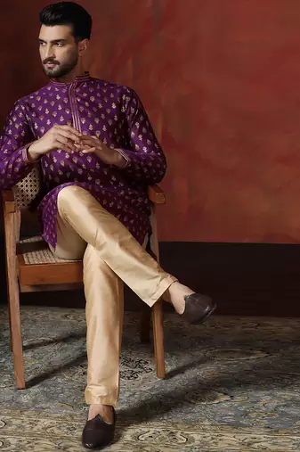 Purple embroidered kurta pajama set for men