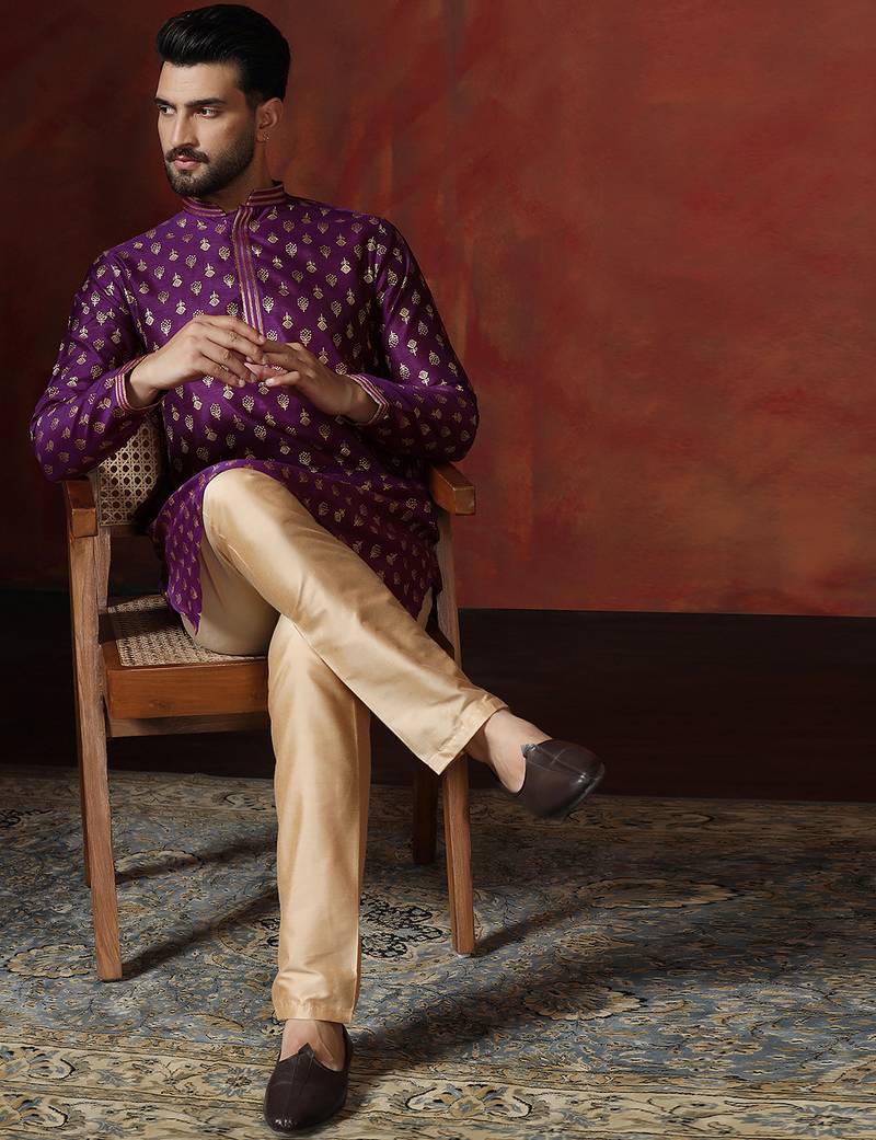 Purple embroidered kurta pajama set for men