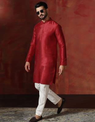 Red dupion kurta pyjama set for men 1
