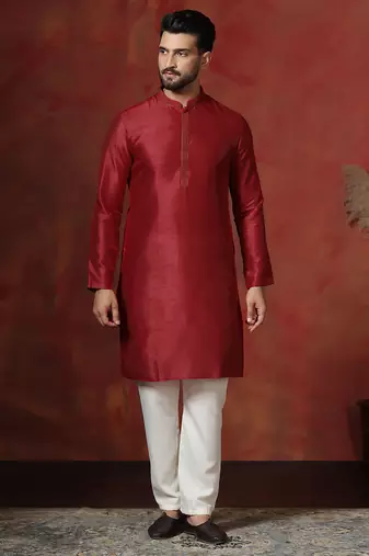Red dupion kurta pyjama set for men