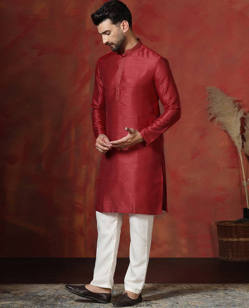 Red dupion kurta pyjama set for men