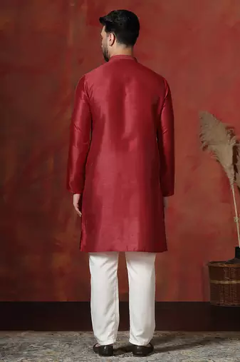 Red dupion kurta pyjama set for men