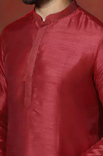 Red dupion kurta pyjama set for men