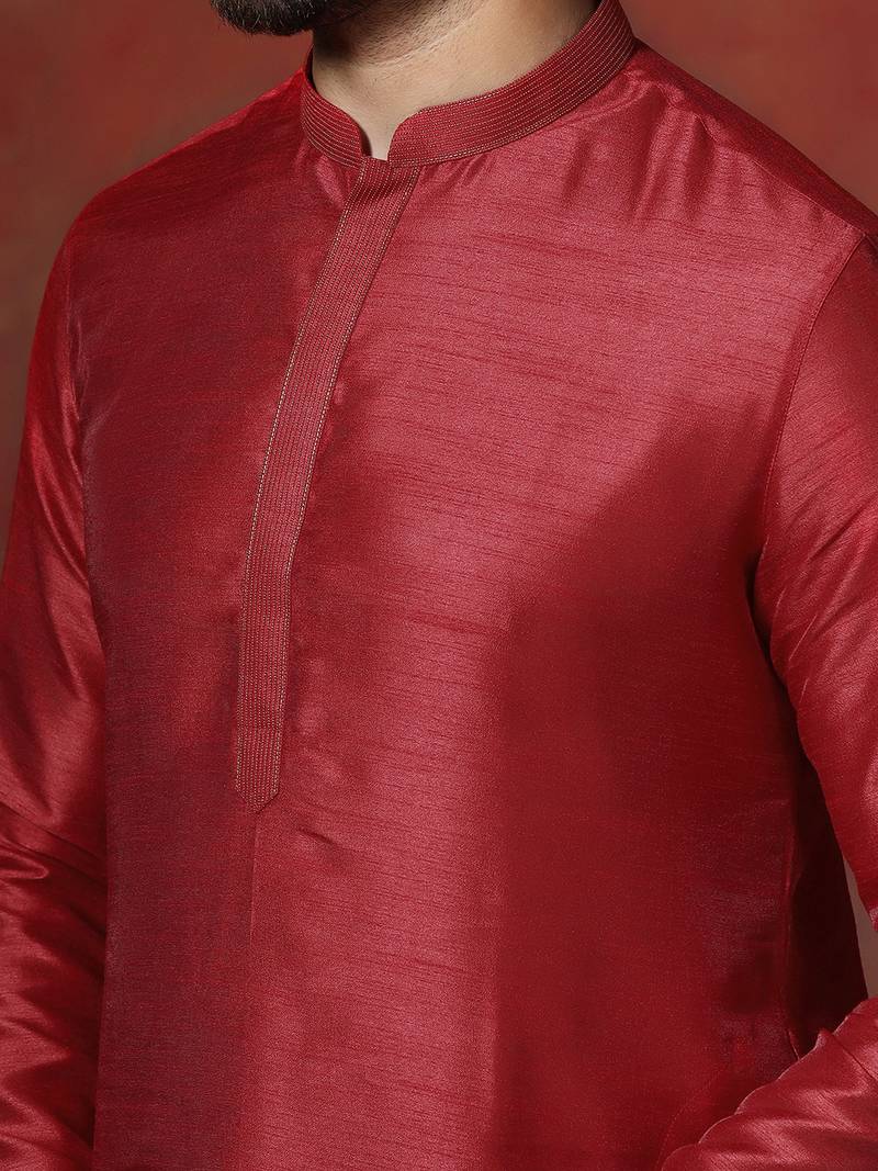 Red dupion kurta pyjama set for men