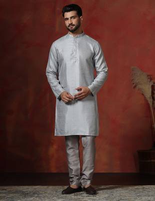 grey bangalorian silk kurta pyjama set for men with embroidery work 1