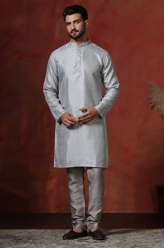 grey bangalorian silk kurta pyjama set for men with embroidery work