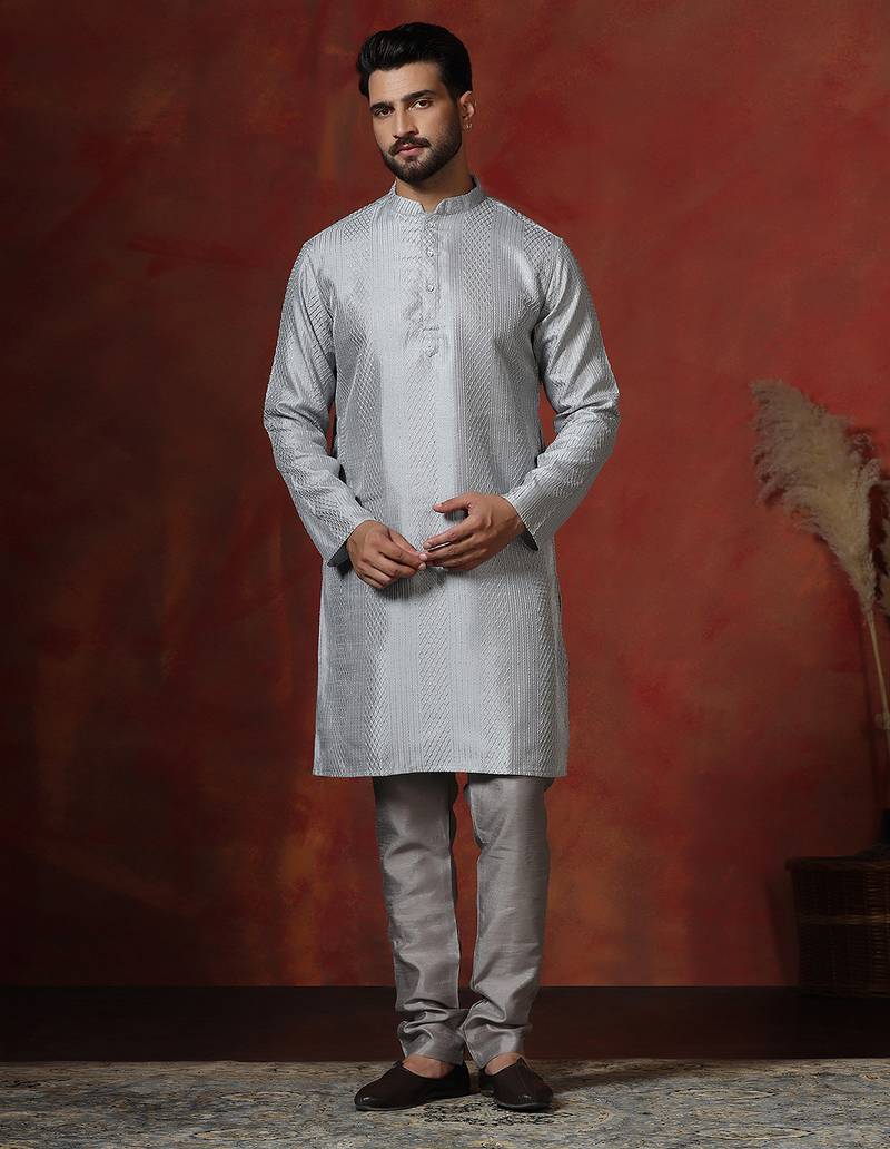 grey bangalorian silk kurta pyjama set for men with embroidery work