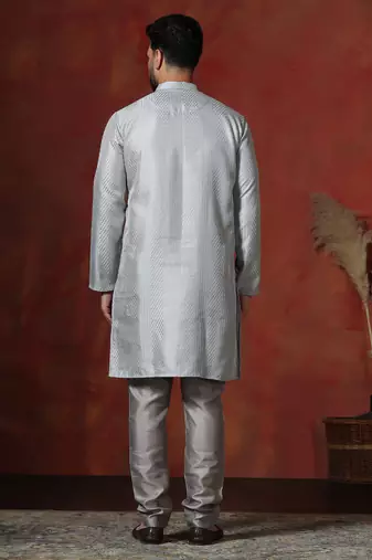 grey bangalorian silk kurta pyjama set for men with embroidery work