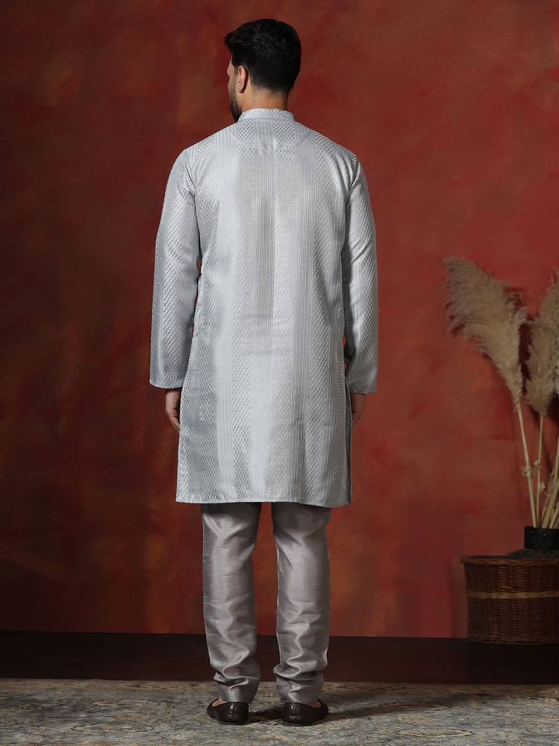 grey bangalorian silk kurta pyjama set for men with embroidery work