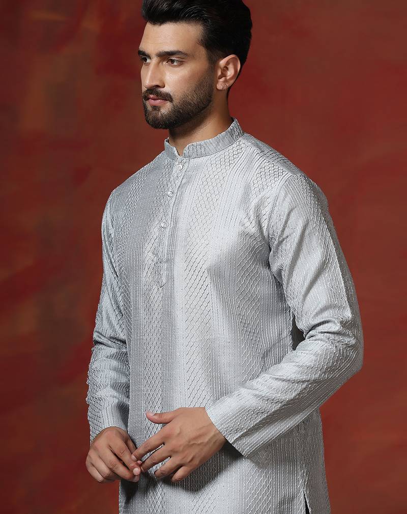 grey bangalorian silk kurta pyjama set for men with embroidery work