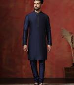 navy blue dupion kurta pyjama set for men with solid design