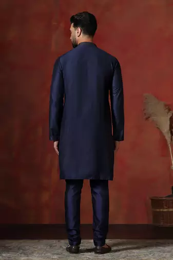 navy blue dupion kurta pyjama set for men with solid design