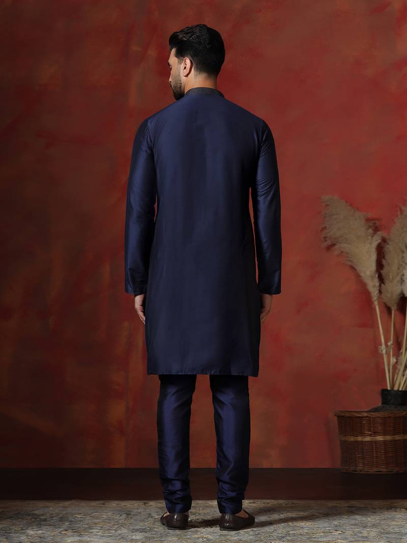 navy blue dupion kurta pyjama set for men with solid design