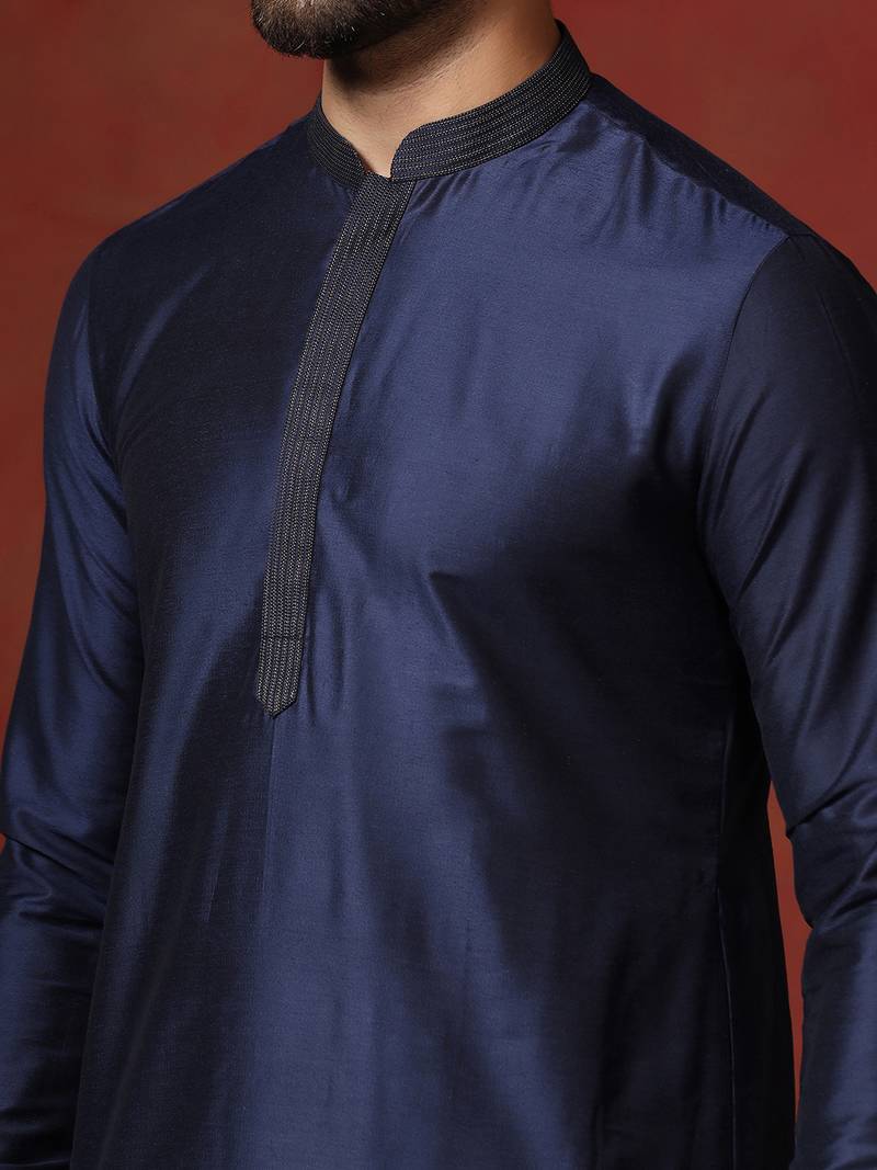 navy blue dupion kurta pyjama set for men with solid design