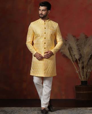 yellow jacquard blend indo western and pyjama set for men with printed design 1