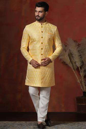 yellow jacquard blend indo western and pyjama set for men with printed design
